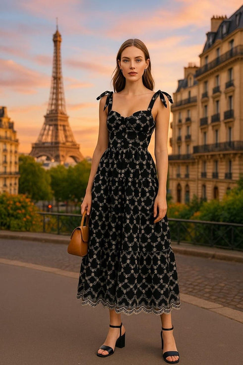 Flower Embroidered Spaghetti Straps Layered Sun Dresses